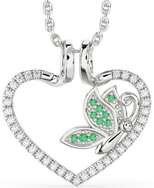 Diamond & Emerald Silver Heart Butterfly Necklace