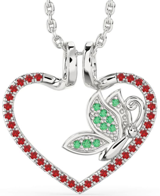 Emerald & Ruby Silver Heart Butterfly Necklace