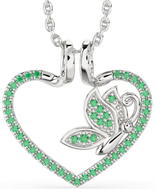 Emerald Silver Heart Butterfly Necklace