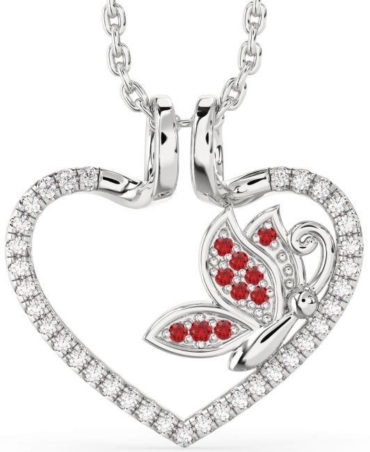 Diamond & Ruby Silver Heart Butterfly Necklace