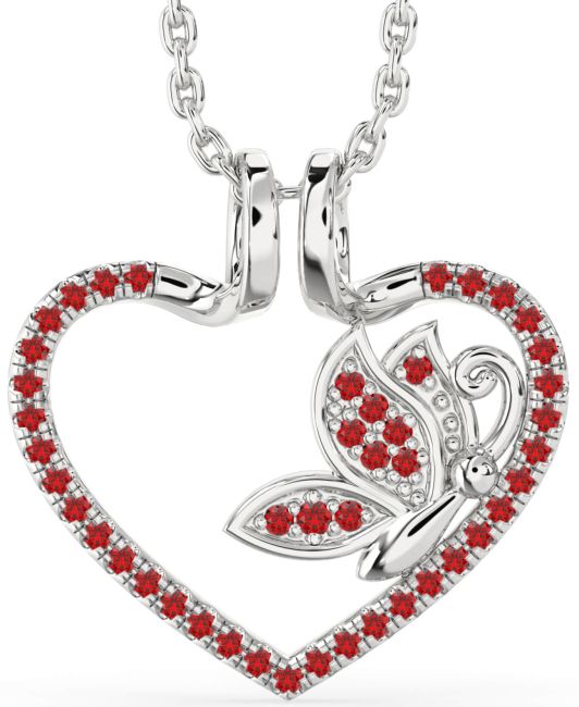 Ruby Silver Heart Butterfly Necklace
