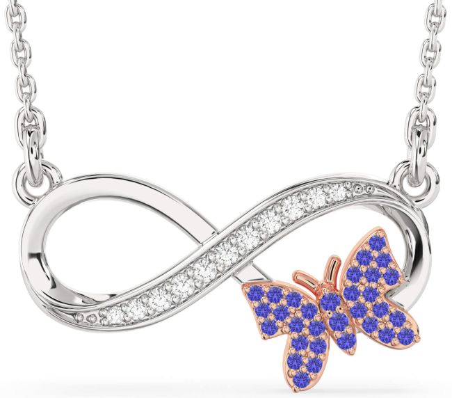 Large Diamond & Tanzanite White Rose Gold Infinity Butterfly Necklace