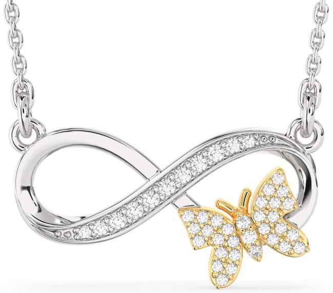 Large Diamond White Yellow Gold Infinity Butterfly Necklace
