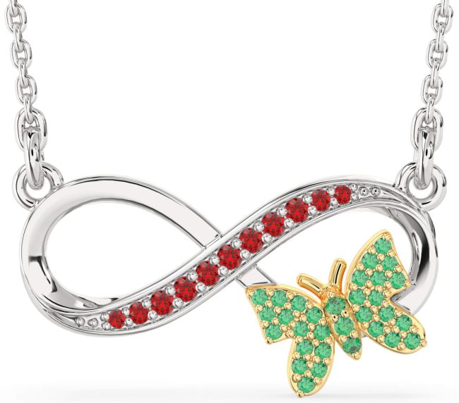 Large Emerald & Ruby Gold Silver Infinity Butterfly Necklace