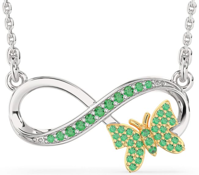 Large Emerald Gold Silver Infinity Butterfly Necklace