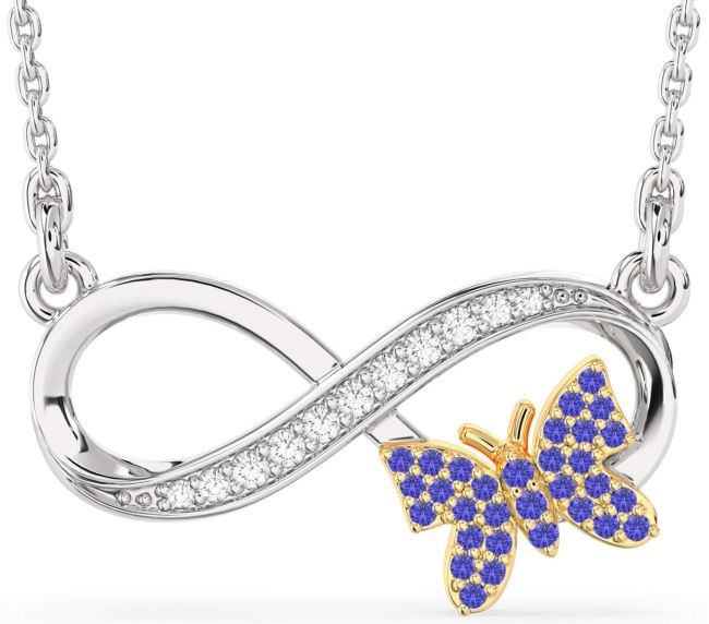 Large Diamond & Tanzanite Silver & 10K gold Infinity Butterfly Necklace