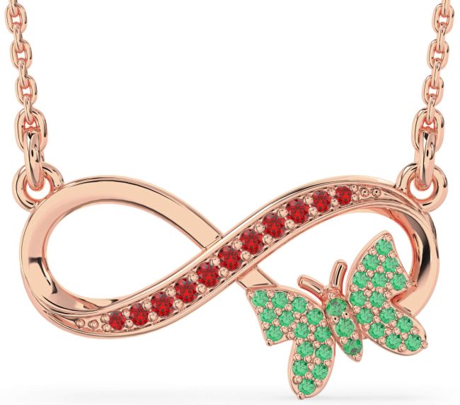 Large Emerald & Ruby Rose Gold Infinity Butterfly Necklace