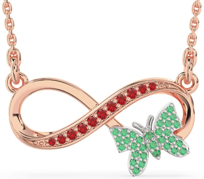 Large Emerald & Ruby Rose Gold Silver Infinity Butterfly Necklace