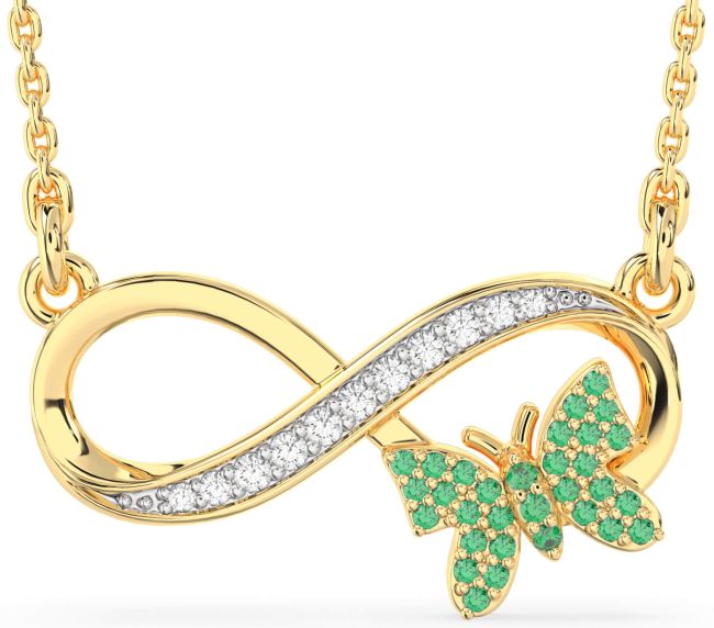 Large Diamond & Emerald Gold Infinity Butterfly Necklace