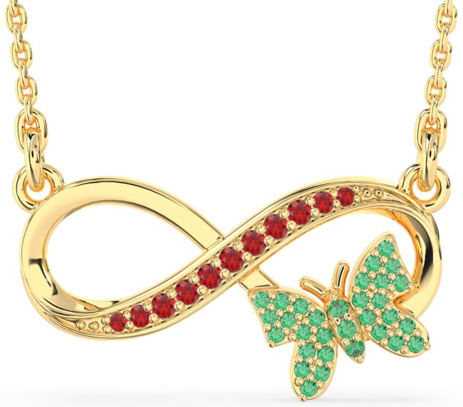 Large Emerald & Ruby Gold Infinity Butterfly Necklace