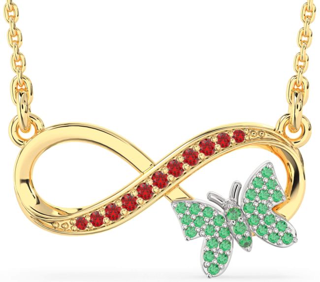 Large Emerald & Ruby Gold Silver Infinity Butterfly Necklace