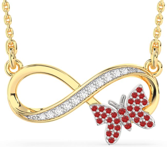 Large Diamond & Ruby Gold Silver Infinity Butterfly Necklace