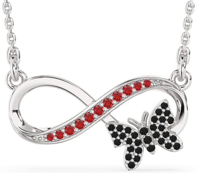 Large Black Diamond & Ruby Silver Infinity Butterfly Necklace
