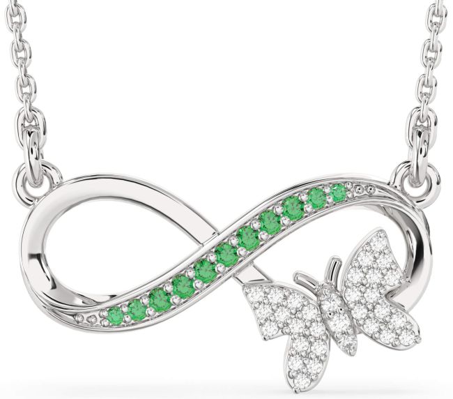 Large Emerald & Diamond Silver Infinity Butterfly Necklace
