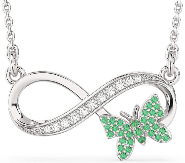 Large Diamond & Emerald Silver Infinity Butterfly Necklace