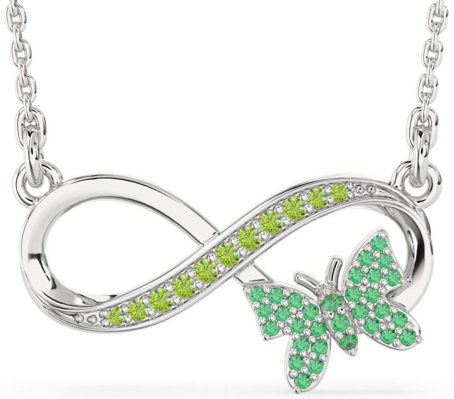 Large Emerald & Peridot Silver Infinity Butterfly Necklace