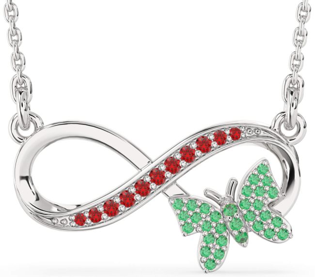 Large Emerald & Ruby Silver Infinity Butterfly Necklace