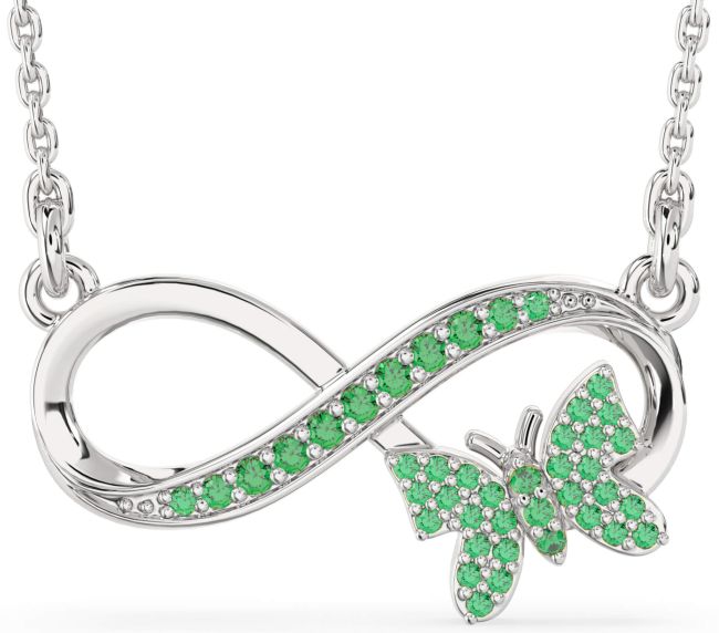 Large Emerald Silver Infinity Butterfly Necklace