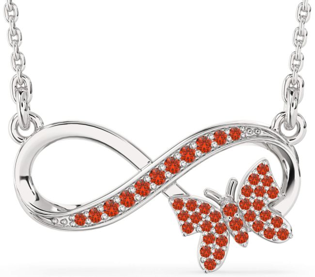 Large Fire Opal Silver Infinity Butterfly Necklace