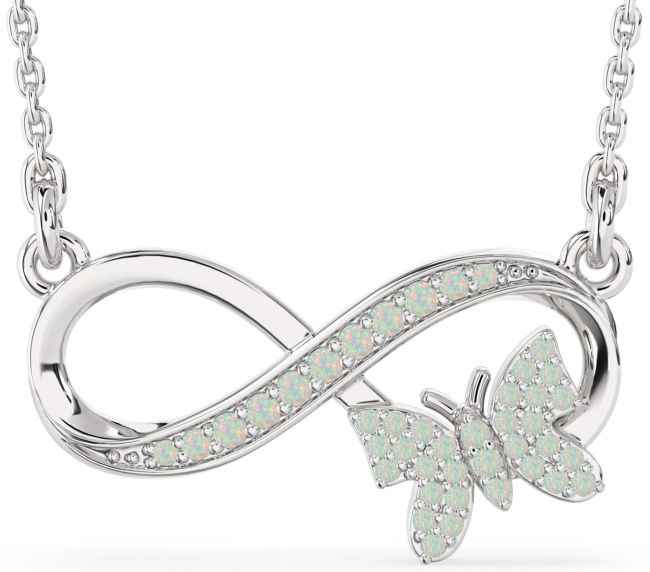 Large Opal Silver Infinity Butterfly Necklace