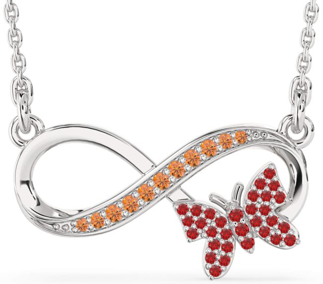 Large Ruby & Citrine Silver Infinity Butterfly Necklace