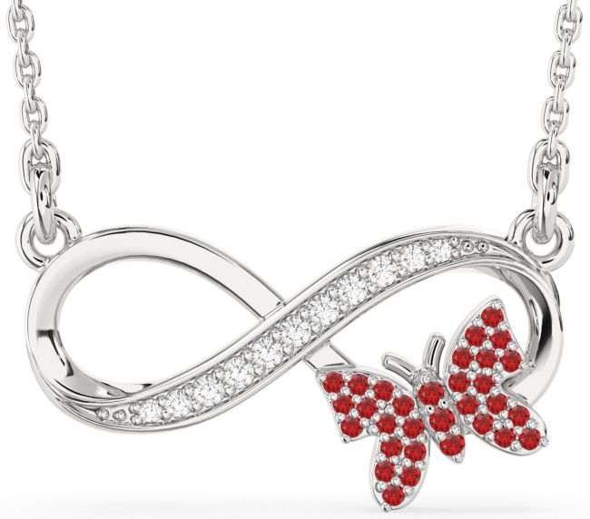 Large Diamond & Ruby Silver Infinity Butterfly Necklace