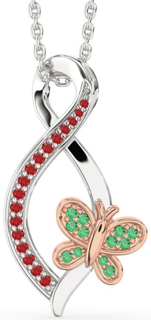 Emerald & Ruby White Rose Gold Infinity Butterfly Necklace