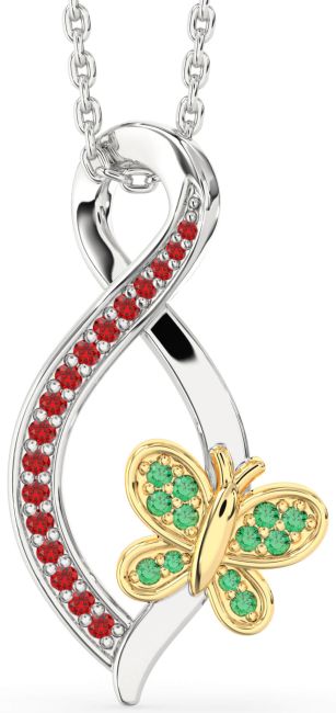 Emerald & Ruby Gold Silver Infinity Butterfly Necklace