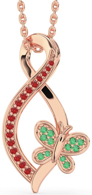 Emerald & Ruby Rose Gold Infinity Butterfly Necklace