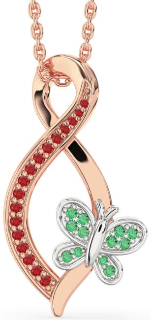 Emerald & Ruby Rose Gold Silver Infinity Butterfly Necklace