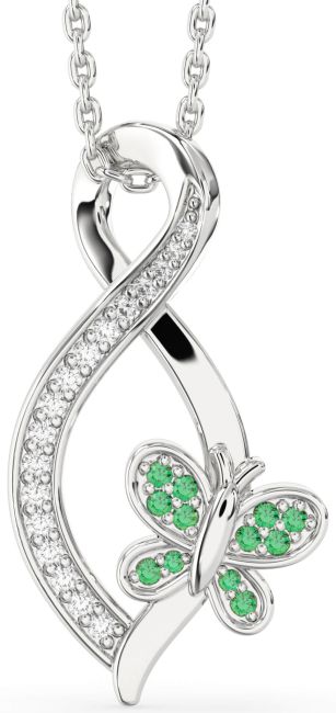 Diamond & Emerald Silver Infinity Butterfly Necklace