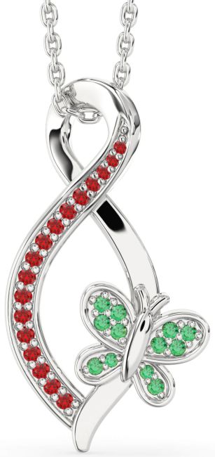 Emerald & Ruby Silver Infinity Butterfly Necklace