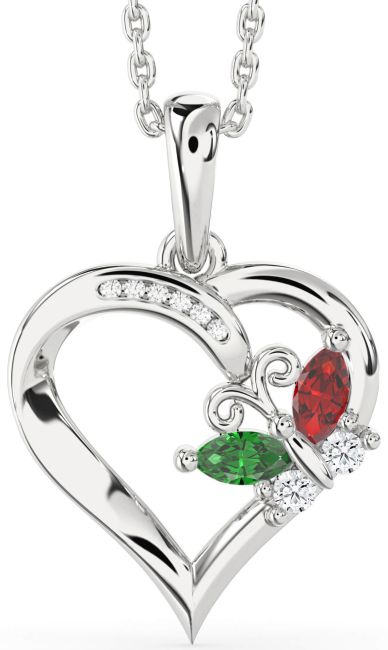 Diamond Emerald & Ruby Platinum Heart Butterfly Necklace