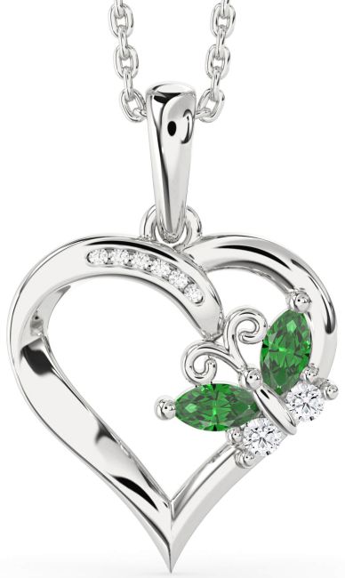Diamond Emerald Silver Heart Butterfly Necklace