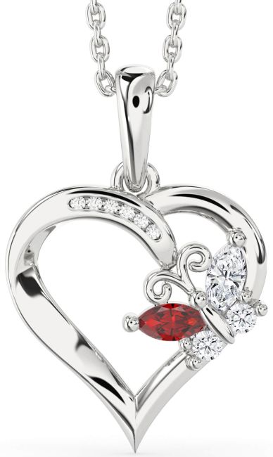 Diamond & Ruby Silver Heart Butterfly Necklace