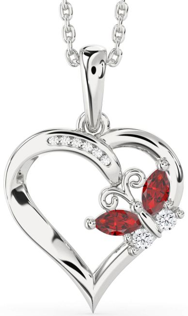 Diamond Ruby Silver Heart Butterfly Necklace
