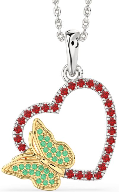 Emerald & Ruby Gold Silver Heart Butterfly Necklace