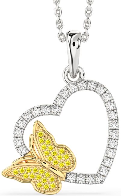 Diamond & Yellow Sapphire White Yellow Gold Heart Butterfly Necklace