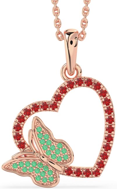 Emerald & Ruby Rose Gold Heart Butterfly Necklace