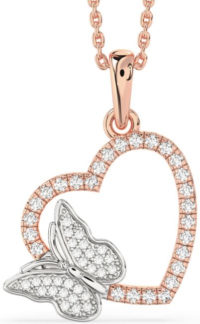 Diamond Rose Gold Silver Heart Butterfly Necklace