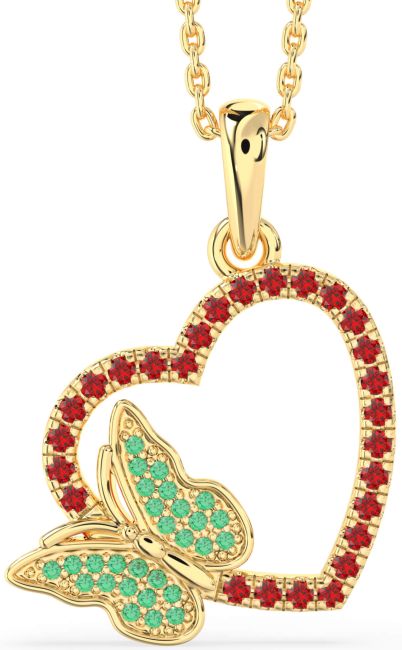 Emerald & Ruby Gold Heart Butterfly Necklace