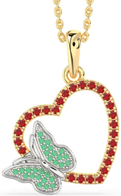 Emerald & Ruby Gold Silver Heart Butterfly Necklace