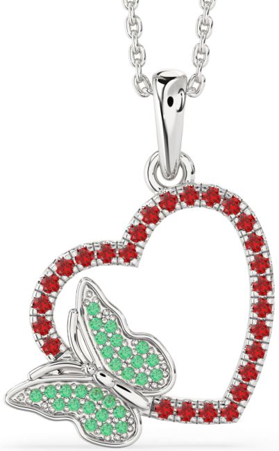 Emerald & Ruby Silver Heart Butterfly Necklace