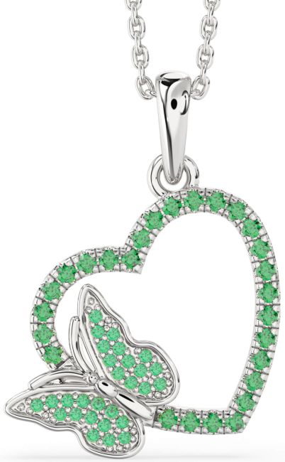 Emerald Silver Heart Butterfly Necklace