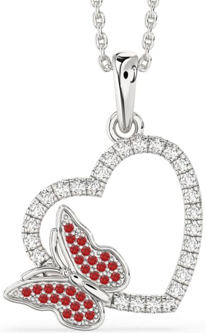 Diamond & Ruby Silver Heart Butterfly Necklace
