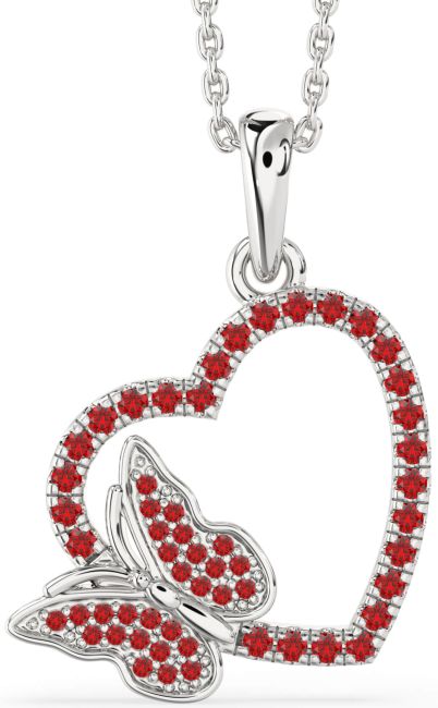 Ruby Silver Heart Butterfly Necklace