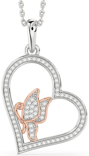 Diamond Silver & 10K Rose Gold Heart Butterfly Necklace
