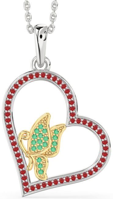 Emerald & Ruby Gold Silver Heart Butterfly Necklace