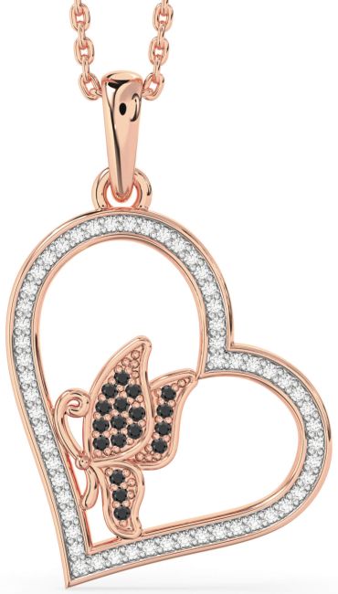 Diamond & Black Onyx Rose Gold Heart Butterfly Necklace