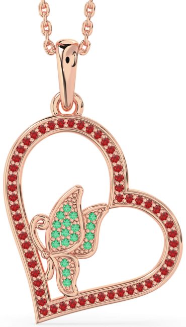 Emerald & Ruby Rose Gold Heart Butterfly Necklace